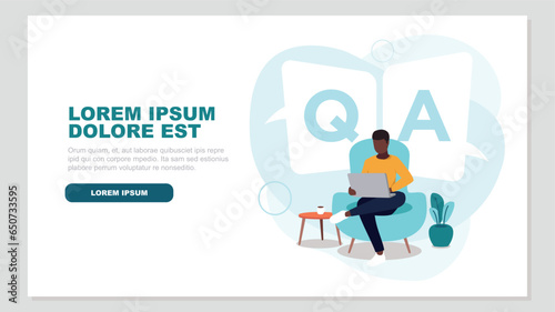 Vector illustration of someone sitting with her laptop on a sofa – concept questions and answers