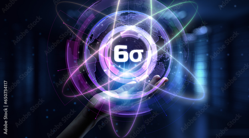 Obraz premium Six sigma DMAIC Lean manufacturing quality control business technology concept. Hand pressing button.