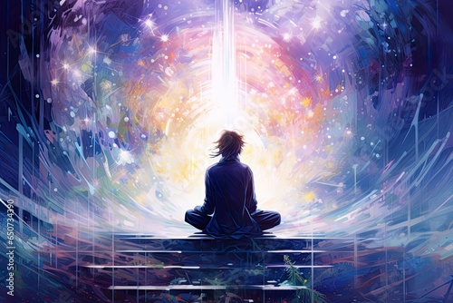 Man meditating, lost in the cosmos, universe. Colorful space background of other dimensions. Chakras glowing in the background. Esoteric, spirituality.