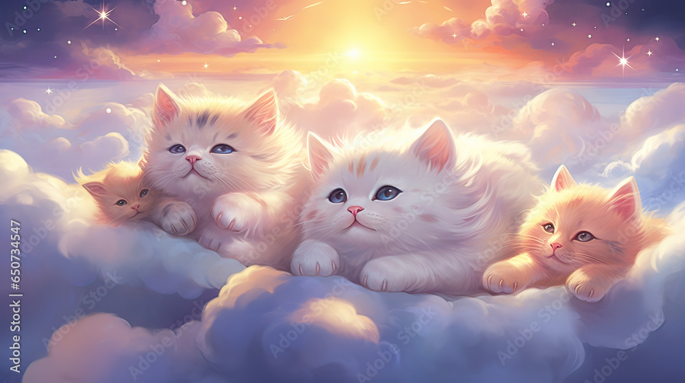 Cats floating on fluffy clouds, with tails that shimmer like shooting stars. AI generative Cats floating on fluffy clouds, with tails that shimmer like shooting stars. AI generative