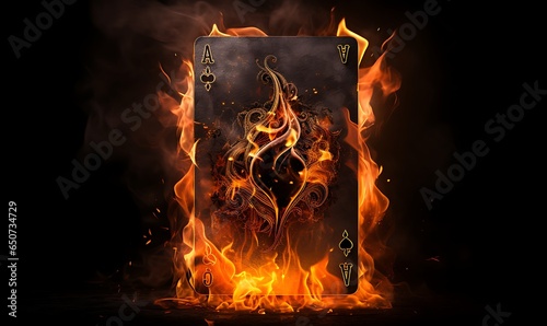 Illustration of a set of poker cards covered in smoke and fire on a black background, Generative Ai photo