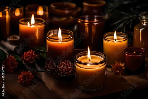candles, A set of different aroma candles in brown glass jars. 