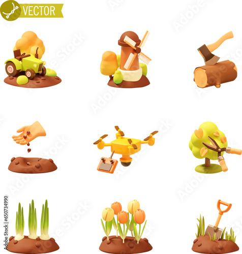Vector agriculture, farming and gardening icon set. Tractor, windmill, ax, seeding seeds, agricultural drone, tree trimming, plants, digging soil