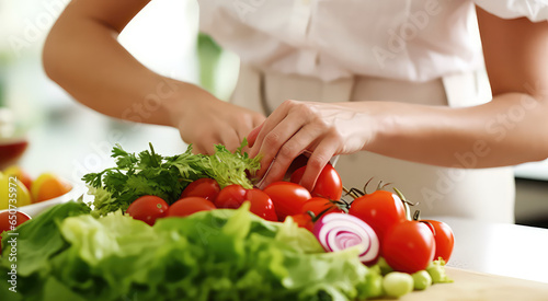 Close-up of women s hands preparing a healthy salad of fresh vegetables. Creative concept of healthy food delivery of daily rations.