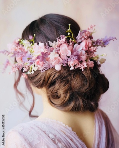 後ろ姿の花嫁の美しいまとめ髪、花の飾りのロングヘア