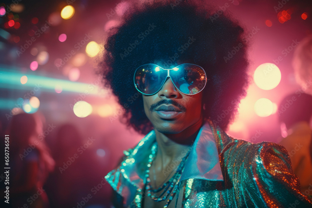 Retro Disco Fever: 1970s Black Man's Portrait Celebrating Afro Culture and Style
Retro Disco Fever: 1970s Black Man's Portrait Celebrating Afro Culture and Style