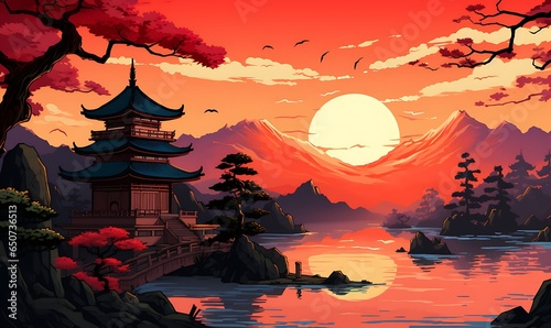 Japanese style comic background, Generative Ai photo