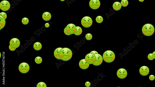 Holding back vomit emoji. Green emoticon face, disgust. Animated falling emojis. Social media icons symbol animation with green screen background.