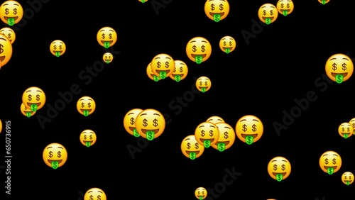 Dollar eyes emoji. Money face emoticon with green tongue. Yellow face emoji. Animated falling emojis. Social media icons symbol animation with green screen background.