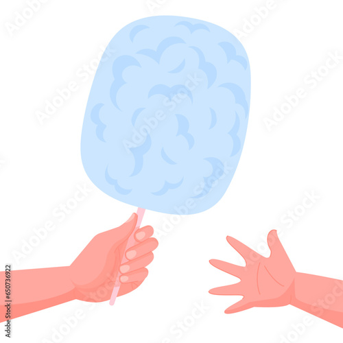 Hand with candy floss on white background . Hand giving the cotton candy to child hand.