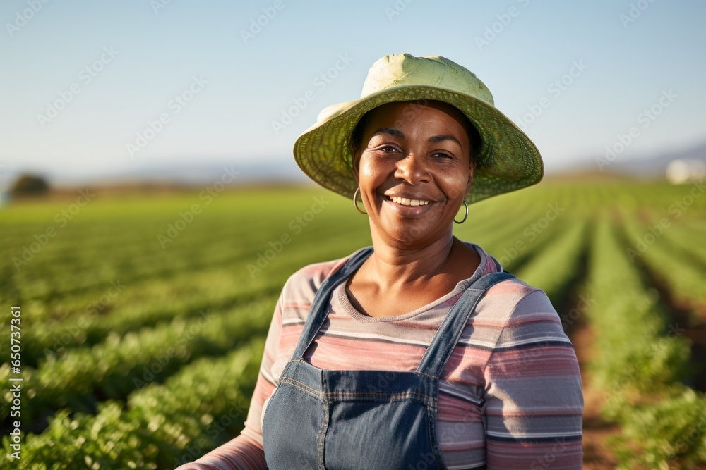 smiling portrait of a middle aged old african american woman working on a farm field