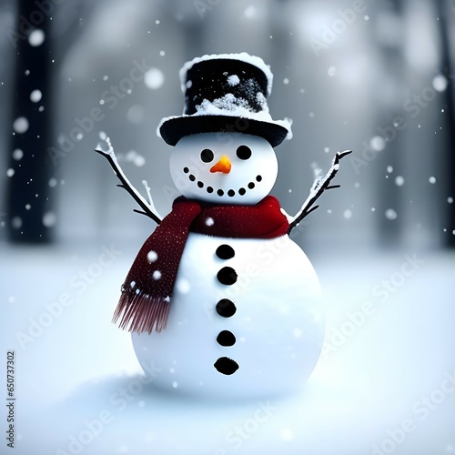 Snow Day Delight: Outdoor Snowman with Scarf and Stylish Hat. photo