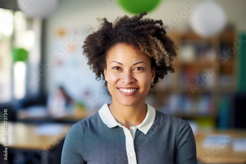 a joyful portrait of a young african american kindergarten teacher with kindergarten blurry background