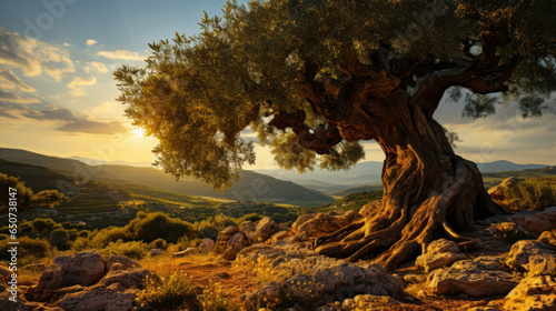 Old olive tree on the slope, sunset idea with copy space for background or advertising