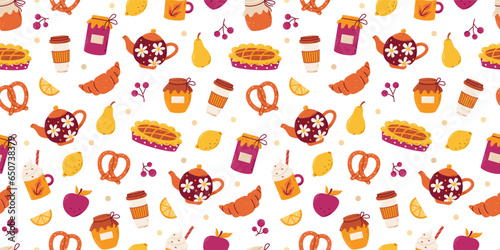 Seamless breakfast pattern with pie, jam, lemon. Tea party, home comfort with coffee and sweets. Vector background