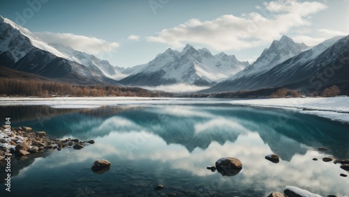 Una vista impresionante de una cadena montañosa, sus picos espolvoreados de nieve, mientras un lago tranquilo refleja el impresionante paisaje. photo