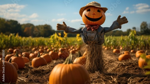 Fotografia Funny scarecrow figure with a carved pumpkin head with smile stands amidst a field of vibrant orange pumpkins, creating festive autumn scene
