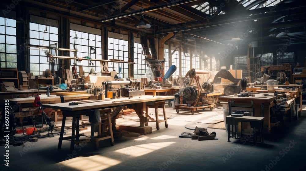 Artistic Industrial Maker's Space: A versatile workshop for artisans, crafters, and makers, featuring workbenches, tools, and creative materials Artistic Industrial Maker's Space: A versatile workshop for artisans, crafters, and makers, featuring workbenches, tools, and creative materials