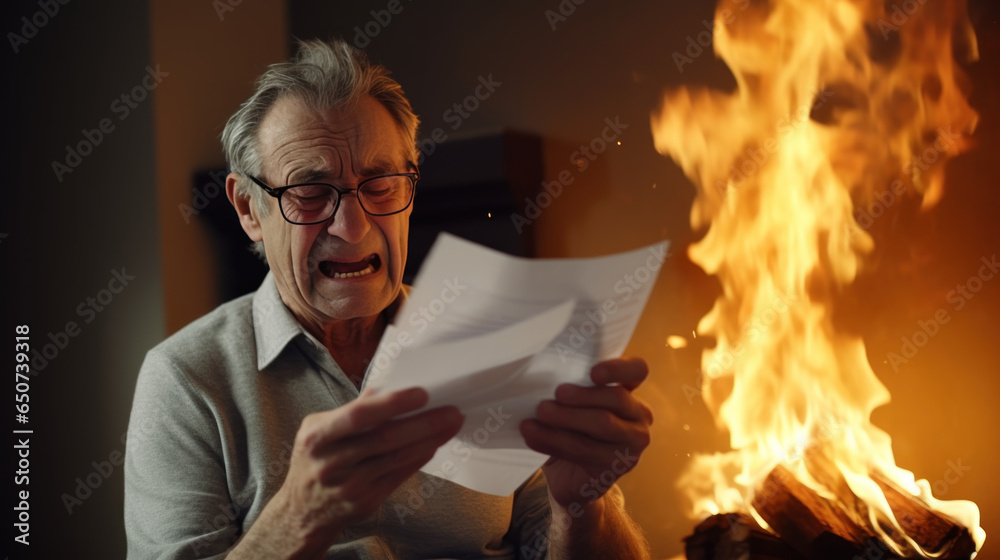 Upset adult man reading a letter with the bad news - obrazy, fototapety, plakaty 