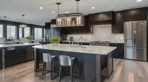 Kitchen in new luxury home with quartz waterfall island  hardwood floors  dark wood cabinets  and stainless steel appliances.