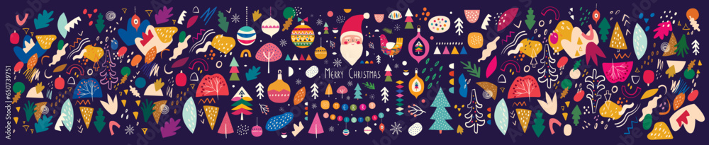 Fototapeta premium Christmas bright decorative banner with funny Santa Claus. Big Christmas and New Year collection with Santa Claus, Christmas tree and decorative holiday elements.