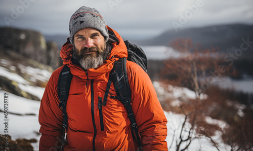 A winter portrait of a bearded man with a backpack while hiking through the snowy mountains, showcasing the Nordic winter beauty.