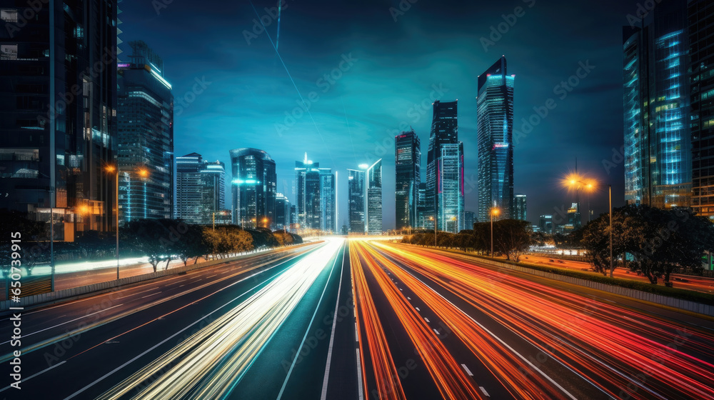 Obraz premium Abstract business background with buildings and long exposure photo of a highway at night. business and finance, real estate property concept concept. Generative Ai