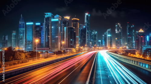 Abstract business background with buildings and long exposure photo of a highway at night. business and finance, real estate property concept concept. Generative Ai