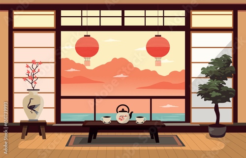 Traditional Japanese room in flat style. Cartoon japanese room with a big window, cups and teapot on table. Japanese tea ceremony. Vector stock