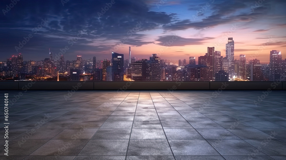 Concrete floor with cityscape and skyline background. Generative Ai
