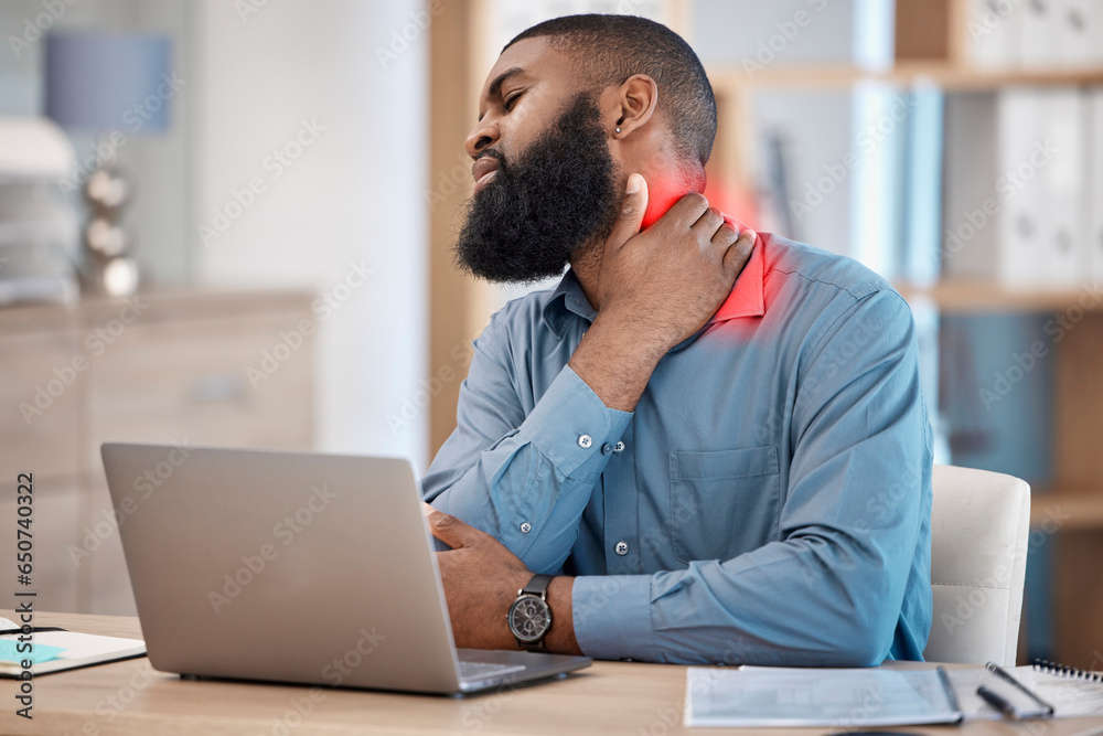 Black man, laptop and neck pain from injury, accident or overworked with ache or inflammation at office. African businessman in muscle tension, pressure or stress in burnout, mistake or mental health - obrazy, fototapety, plakaty 