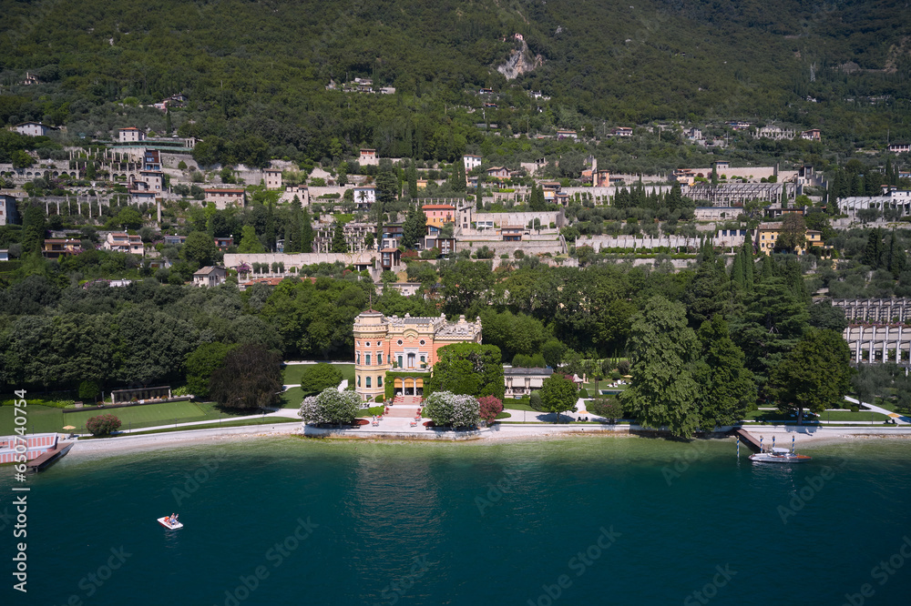 Coastline of the resort town of Gargnano Lake Garda Italy. The city is located on the shores of Lake Garda. Aerial panorama of Gargnano city located on Lake Garda Italy.