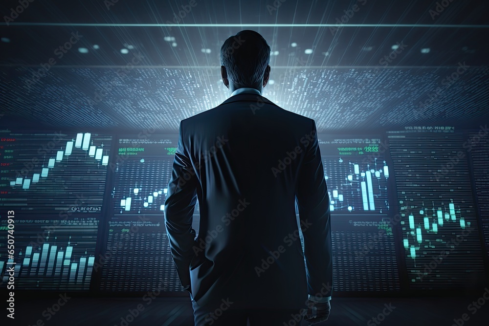 Confident businessman analyzing stock market growth and success, standing in front of a digital screen with financial statistics. Generative AI Confident businessman analyzing stock market growth and success, standing in front of a digital screen with financial statistics. Generative AI