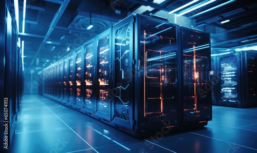 A modern data center featuring multiple servers, each equipped with glowing LED lights.