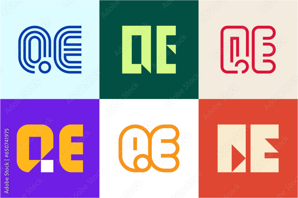 Set of letter QE logos. Abstract logos collection with letters. Geometrical abstract logos Set of letter QE logos. Abstract logos collection with letters. Geometrical abstract logos