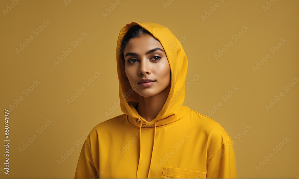 A beautiful woman in a yellow hood A beautiful woman in a yellow hood