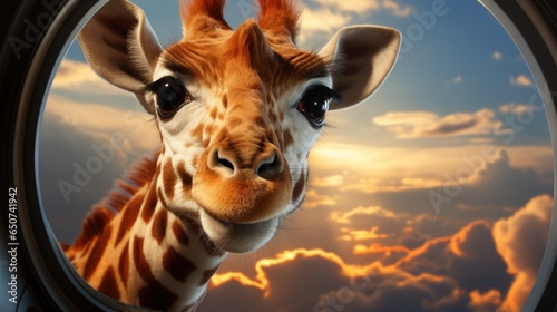 Curious head of Giraffe with long neck surprisingly looking through plane window at sunset against backdrop of skies and clouds.