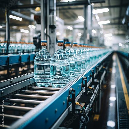 Water bottles in the industrial production process in conveyor line, factory process, coveyor line, background are factory