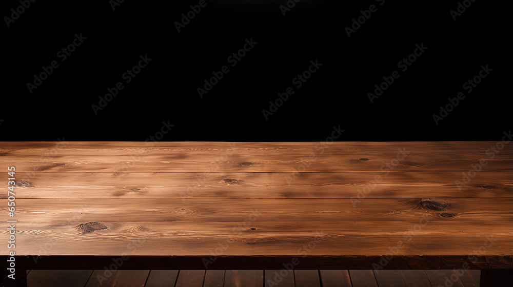 Empty wooden table top with black background. Use for product display. 