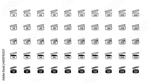 Extensive definitive set of PAO cosmetics icons. Period after opening symbol. Vector illustration.