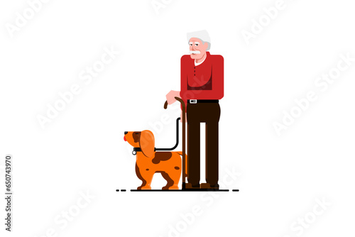 Old man standing with dog on isolated background, Vector illustration.