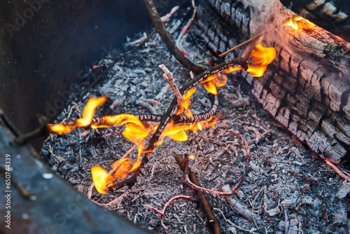 Φωτογραφία Close up of small twigs on fire with orange and yellow flames and red ashen embe