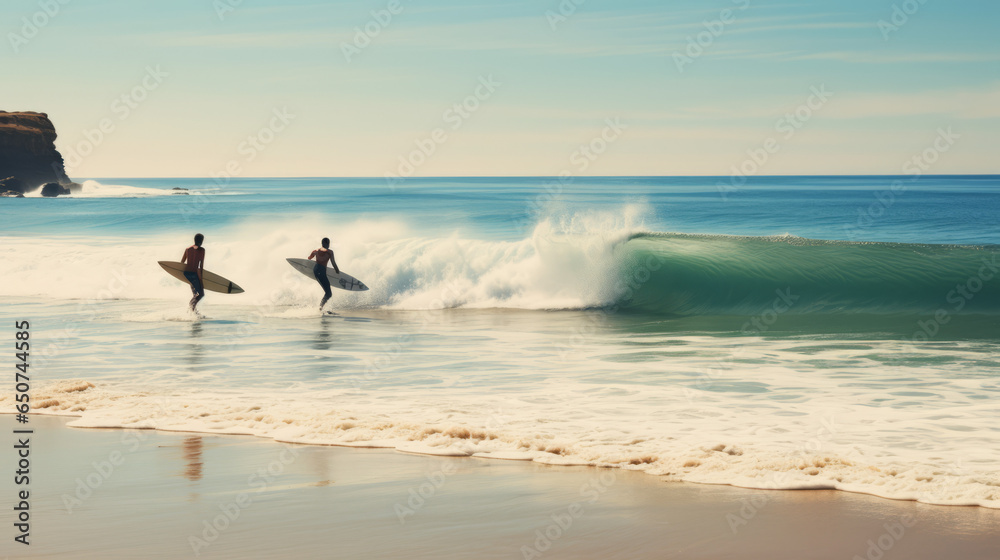 Two surfers walking with surfboards, ready to catch waves in the vast ocean expanse