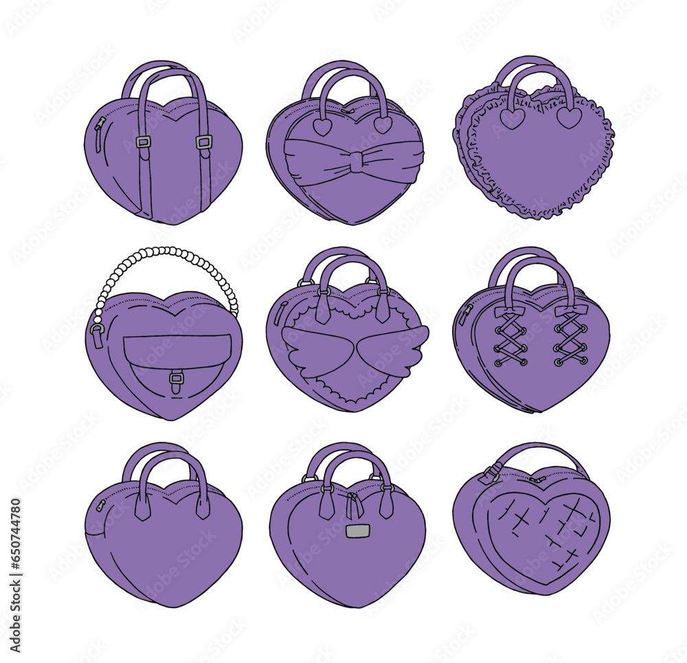 紫のハート型のカバンのイラストセット