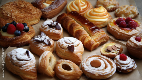 A tantalizing variety of freshly-baked pastries fill the table with a delightful array of sweet aromas, inviting all to partake in a delicious and indulgent experience photo