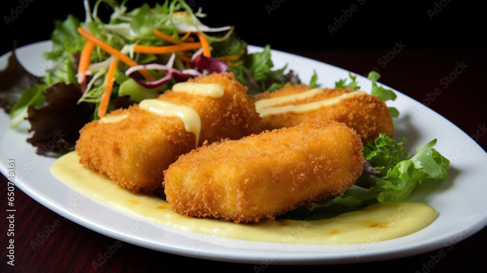 Fried Cheese A popular Czech dish - A delicious plate of freshly-fried korokke, accompanied by a vibrant side salad, is the perfect way to savor the flavors of home-style cooking in an inviting indoo Fried Cheese A popular Czech dish - A delicious plate of freshly-fried korokke, accompanied by a vibrant side salad, is the perfect way to savor the flavors of home-style cooking in an inviting indoo