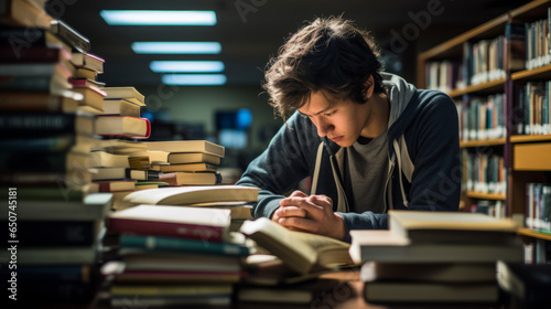 Dedicated student deeply engrossed in studying, surrounded by stacks of books in a library