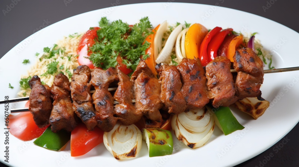 Kebab A popular and flavorful Arabic dish - A savory plate of freshly grilled pork, vegetables, and an array of flavorful ingredients, cooked to perfection and ready to be devoured, tantalizes the se