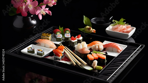 A delectable feast of colorful sushi artfully arranged on a sleek black tray invites the diner to indulge in an exquisite culinary experience
