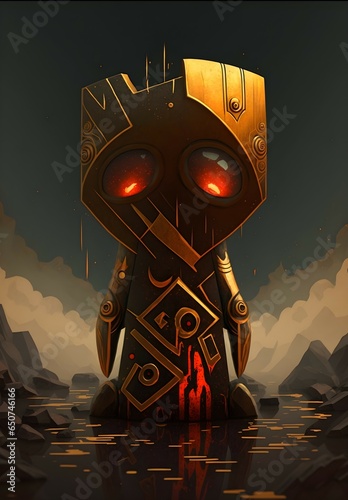 1 tiny sad robot gold red and black 